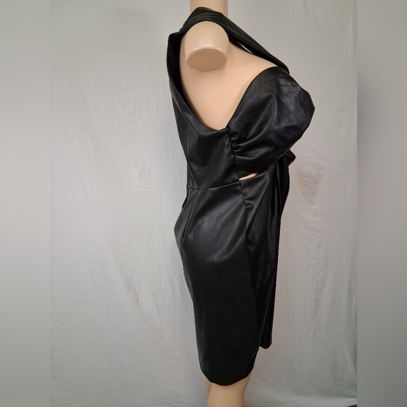 FTF Strapless Black Faux Leather Knot-Front Evening Dress Midi - Picture 6 of 16